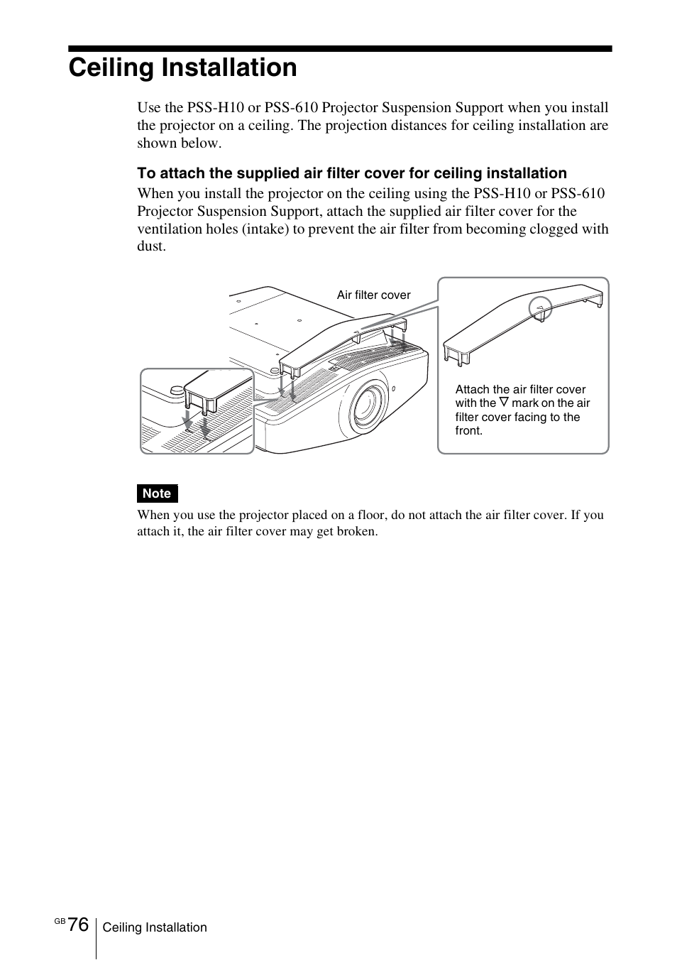 Ceiling installation, See “ceiling installation | Sony VPL-VW100 User Manual | Page 76 / 259