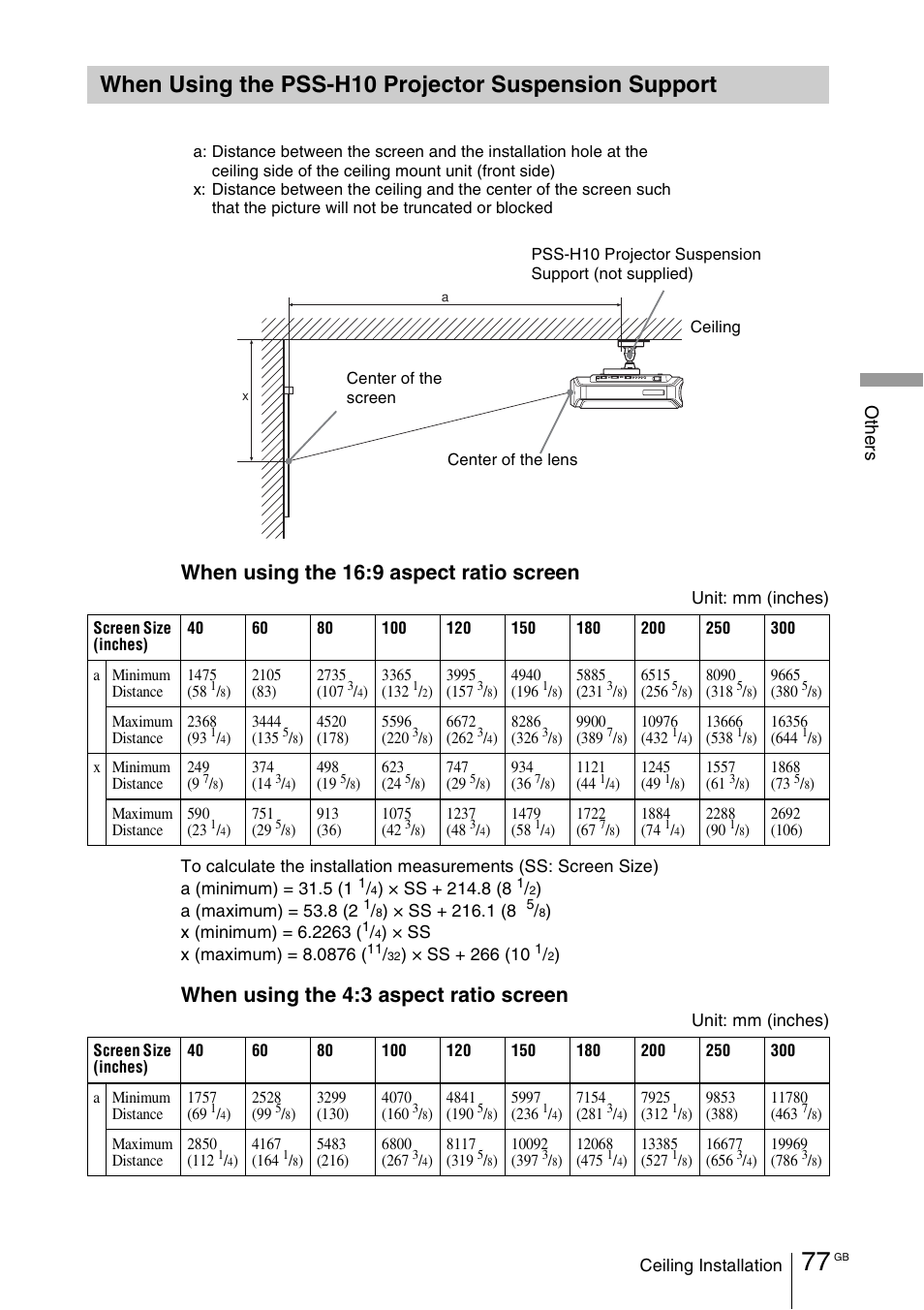 When using the pss-h10 projector, Suspension support, When using the 16:9 aspect ratio screen | When using the 4:3 aspect ratio screen, Ot h e rs | Sony VPL-VW100 User Manual | Page 77 / 259