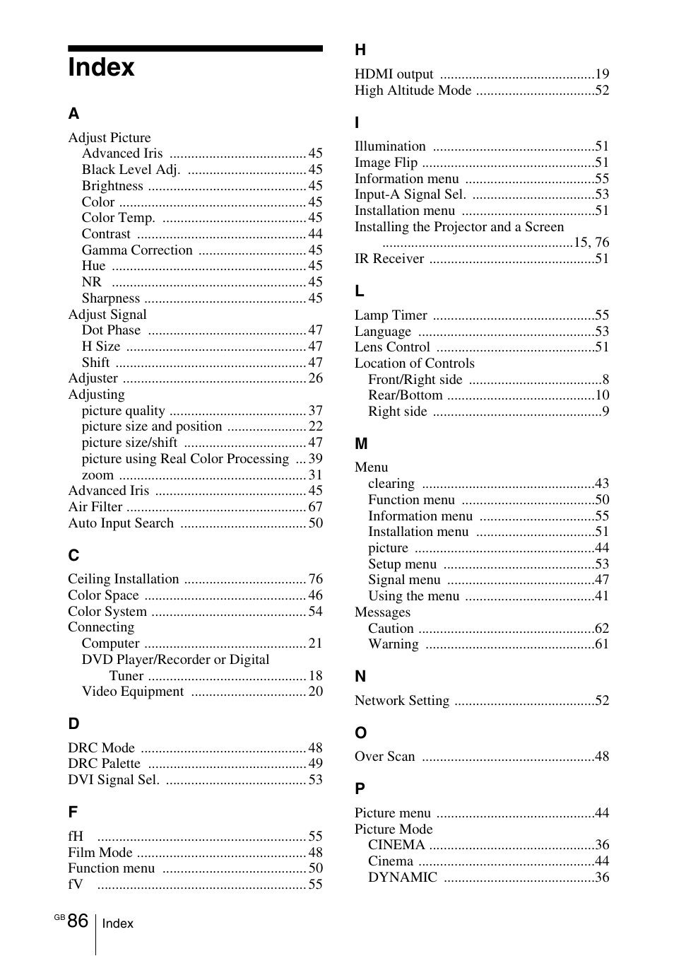 Index | Sony VPL-VW100 User Manual | Page 86 / 259