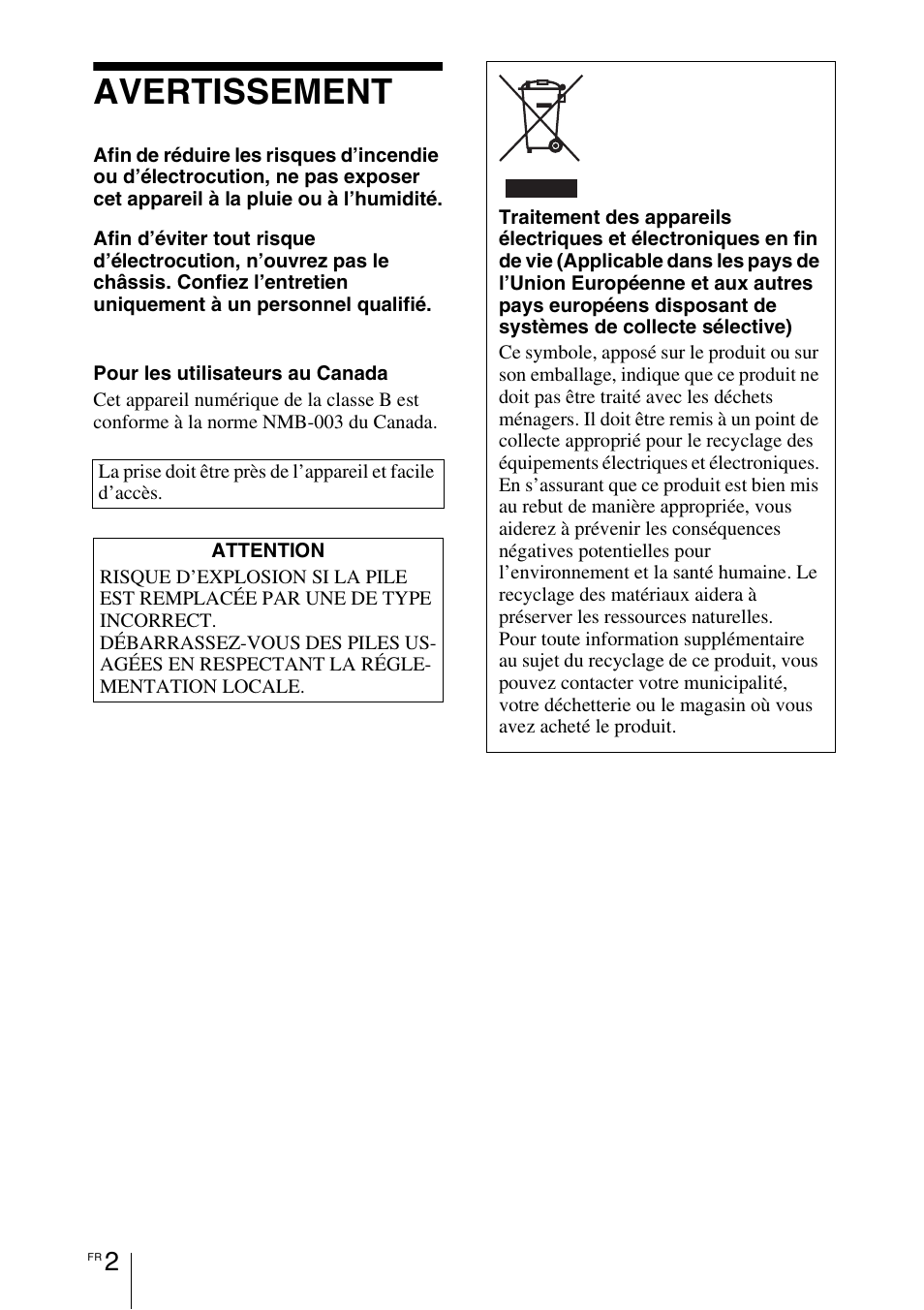 Avertissement | Sony VPL-VW100 User Manual | Page 88 / 259