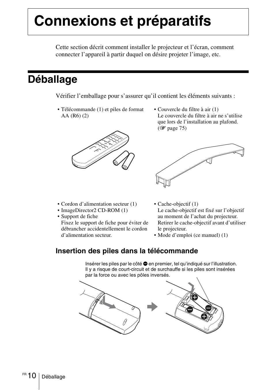 Connexions et préparatifs, Déballage | Sony VPL-VW100 User Manual | Page 96 / 259