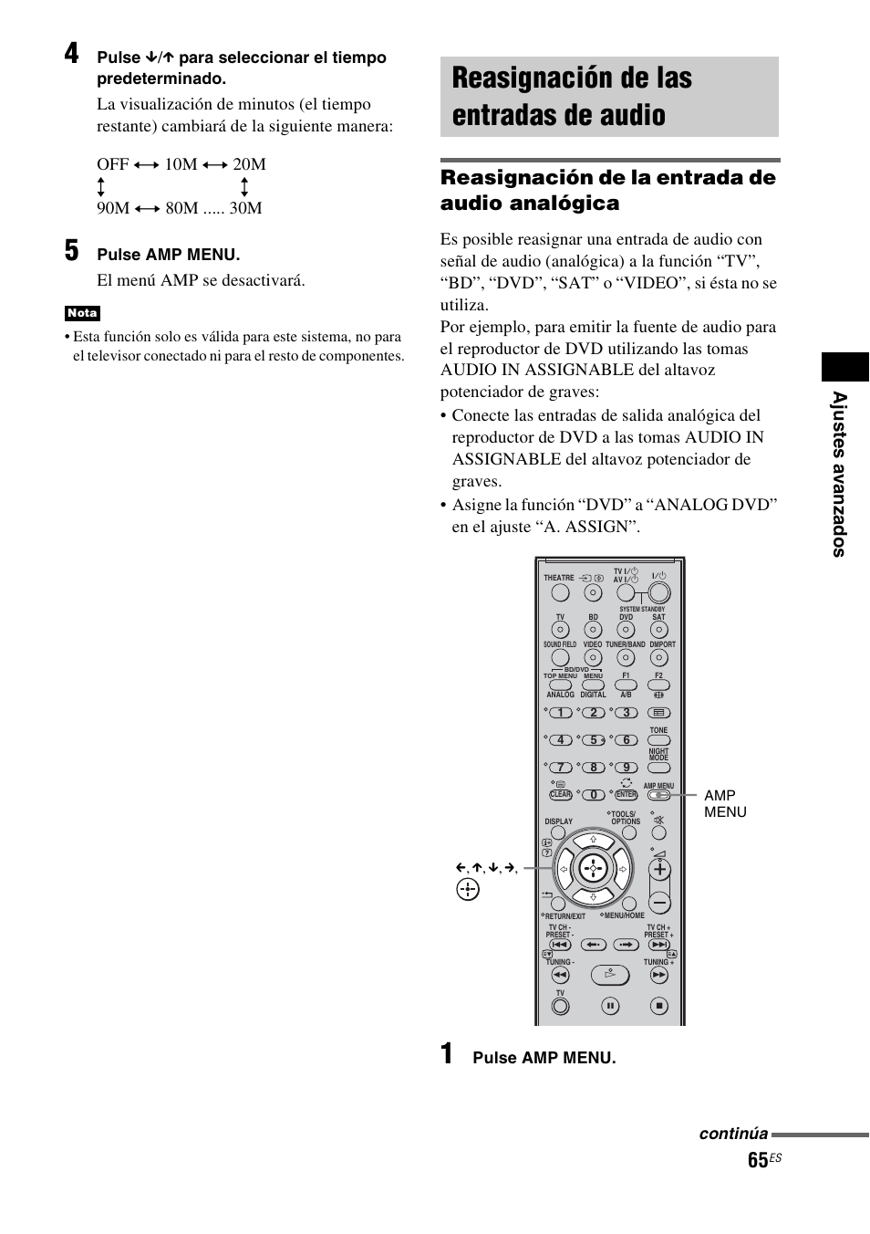 Reasignación de las entradas de audio, Reasignación de las entradas de, Audio | Reasignación de la entrada de audio analógica, El menú amp se desactivará, Pulse, X para seleccionar el tiempo predeterminado, Pulse amp menu, Continúa | Sony HT-IS100 User Manual | Page 151 / 172