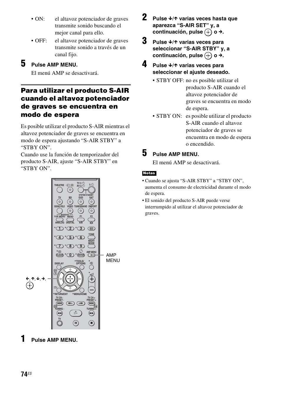 El menú amp se desactivará, Pulse amp menu, Pulse | X varias veces para seleccionar el ajuste deseado | Sony HT-IS100 User Manual | Page 160 / 172