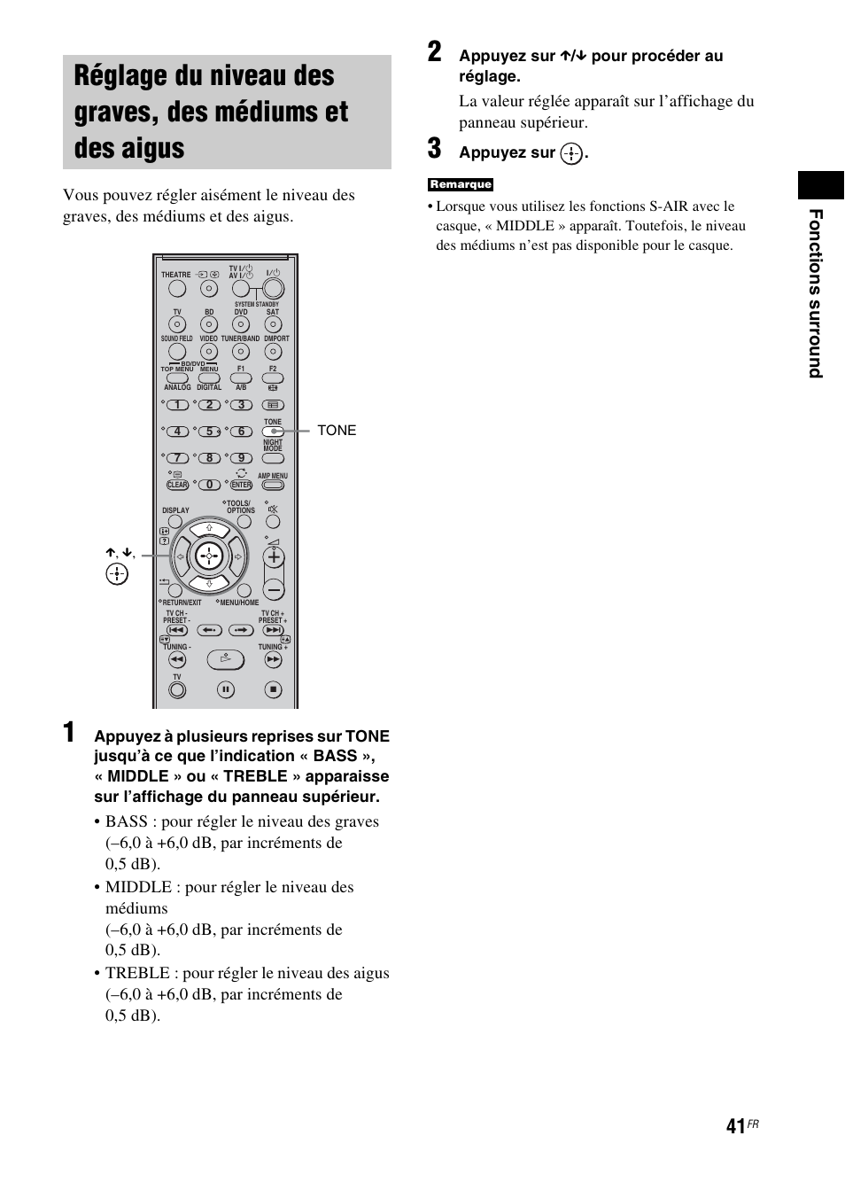 Réglage du niveau des graves, des, Médiums et des aigus, Foncti ons surr o und | Appuyez sur x / x pour procéder au réglage, Appuyez sur | Sony HT-IS100 User Manual | Page 41 / 172