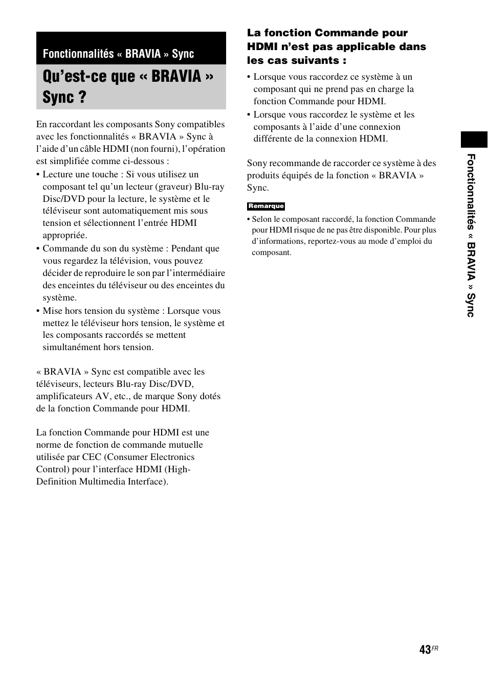 Fonctionnalités « bravia » sync, Qu’est-ce que « bravia » sync | Sony HT-IS100 User Manual | Page 43 / 172
