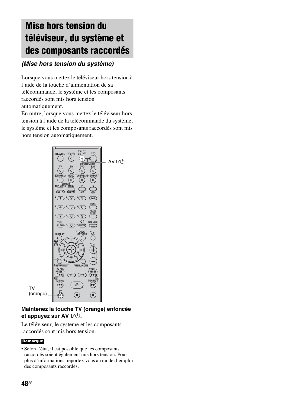 Mise hors tension du téléviseur, du, Mise hors tension du système), Av ?/1 tv (orange) | Sony HT-IS100 User Manual | Page 48 / 172