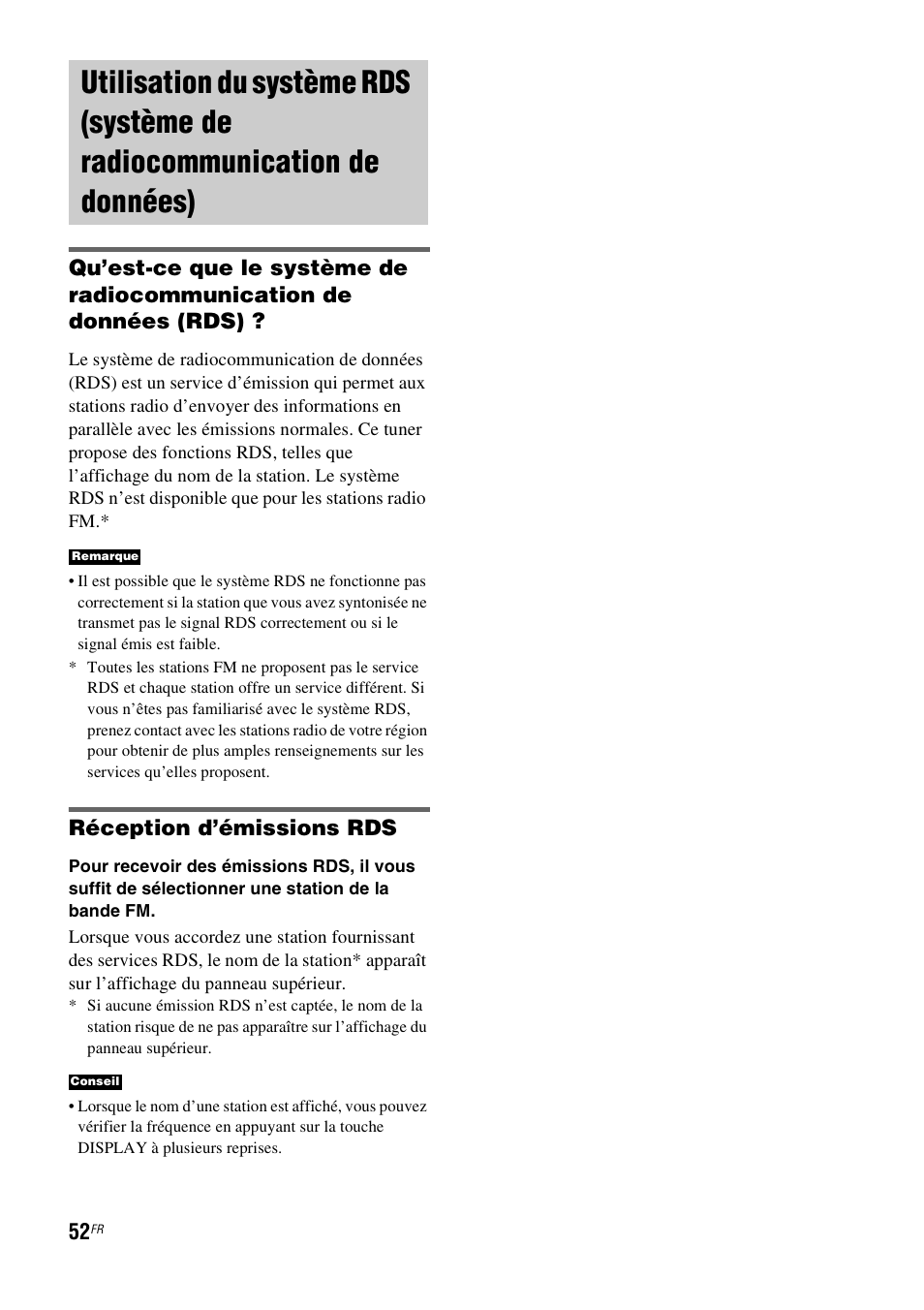 Utilisation du système rds (système de, Radiocommunication de données), Réception d’émissions rds | Sony HT-IS100 User Manual | Page 52 / 172