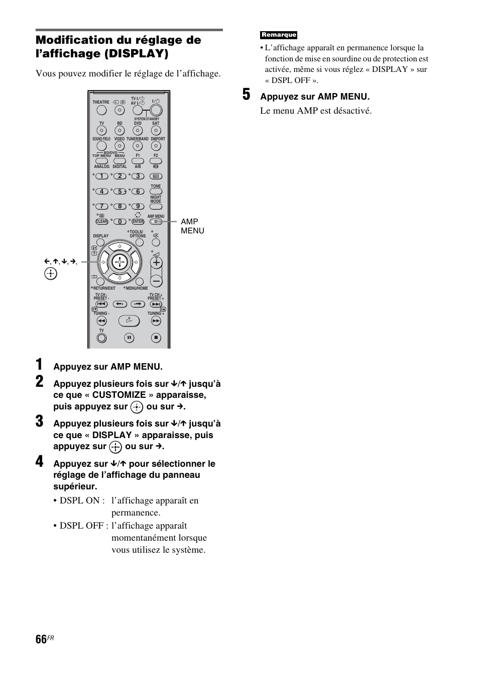 Modification du réglage de l’affichage (display), Vous pouvez modifier le réglage de l’affichage, Le menu amp est désactivé | Appuyez sur amp menu, Appuyez plusieurs fois sur, Appuyez sur | Sony HT-IS100 User Manual | Page 66 / 172