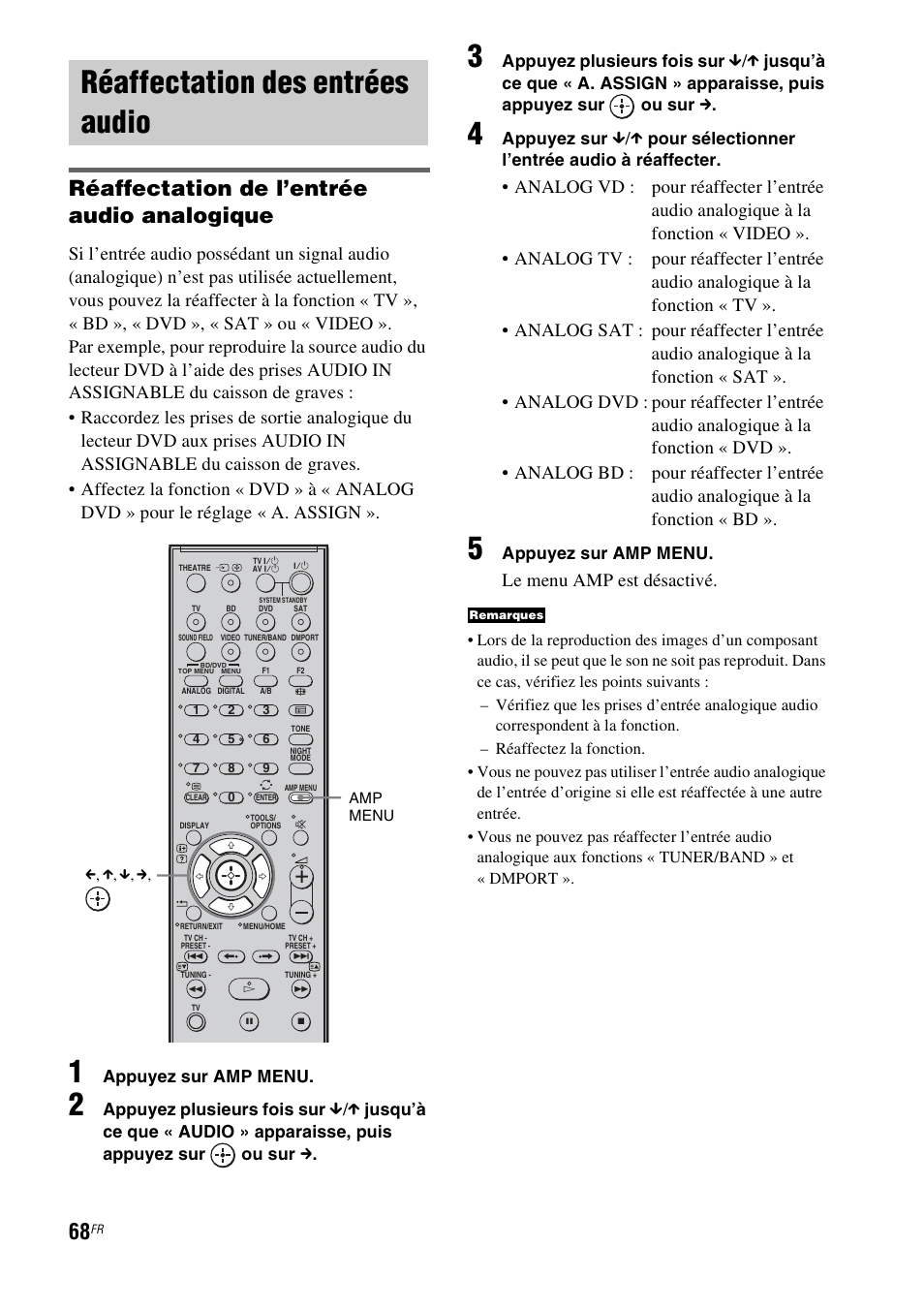 Réaffectation des entrées audio, Réaffectation de l’entrée audio analogique, Le menu amp est désactivé | Sony HT-IS100 User Manual | Page 68 / 172