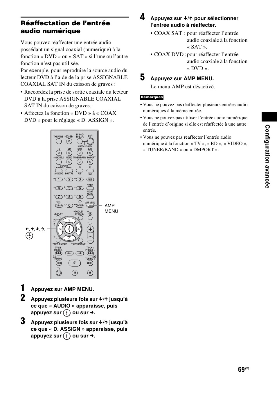 Réaffectation de l’entrée audio numérique, Le menu amp est désactivé | Sony HT-IS100 User Manual | Page 69 / 172
