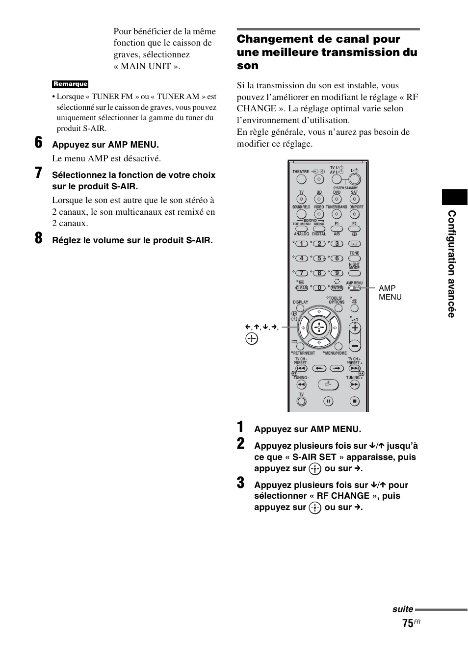 Le menu amp est désactivé, Appuyez sur amp menu, Réglez le volume sur le produit s-air | Appuyez plusieurs fois sur, Suite | Sony HT-IS100 User Manual | Page 75 / 172