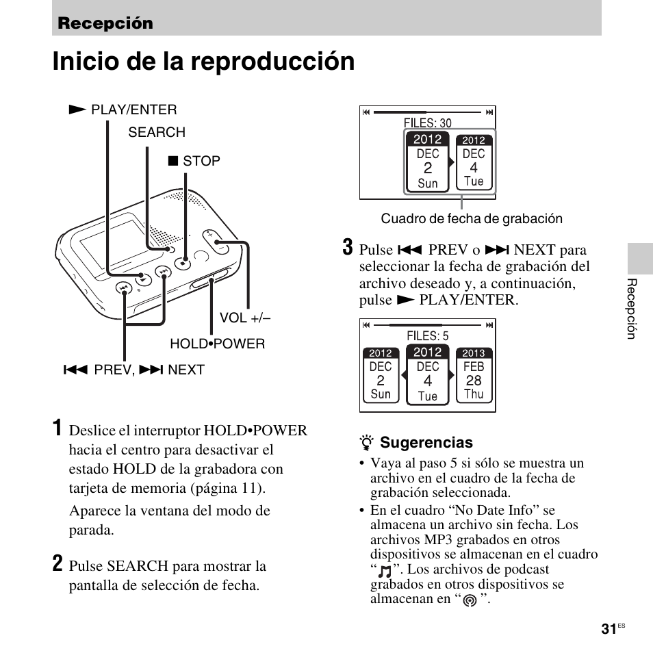 Recepción, Inicio de la reproducción | Sony ICD-LX30 User Manual | Page 31 / 63