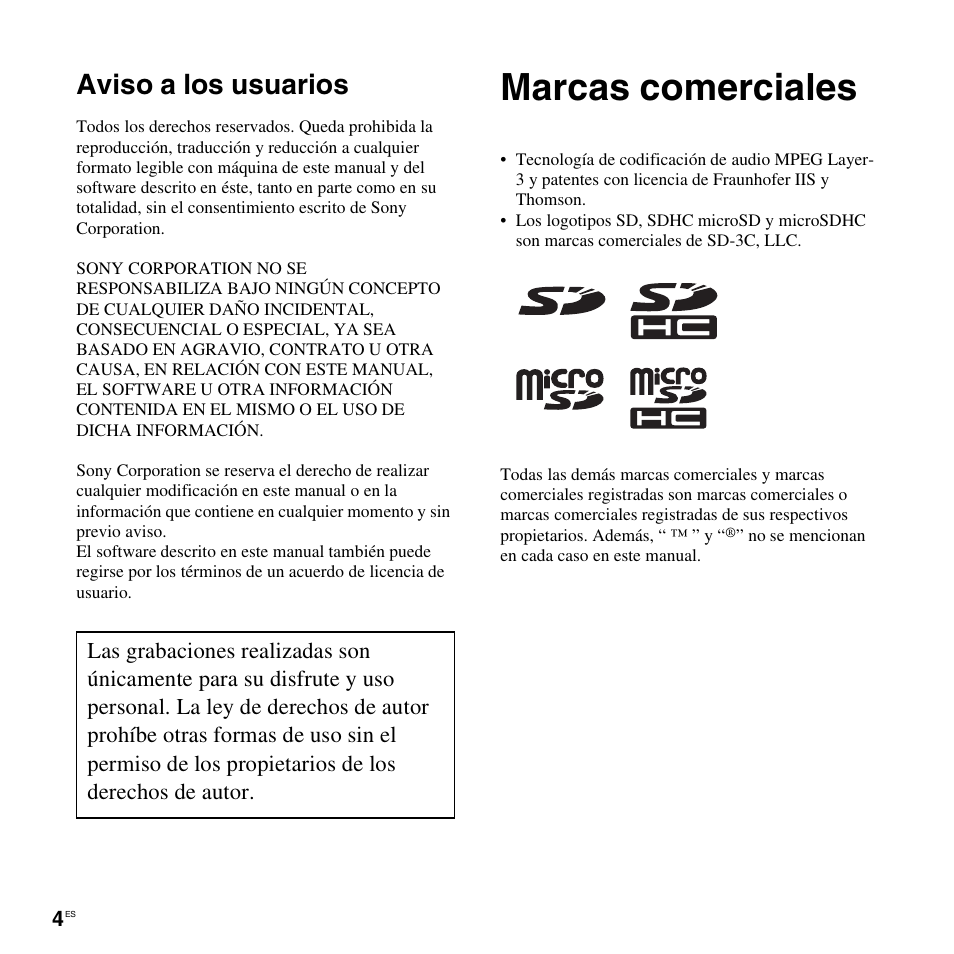 Marcas comerciales, Aviso a los usuarios | Sony ICD-LX30 User Manual | Page 4 / 63