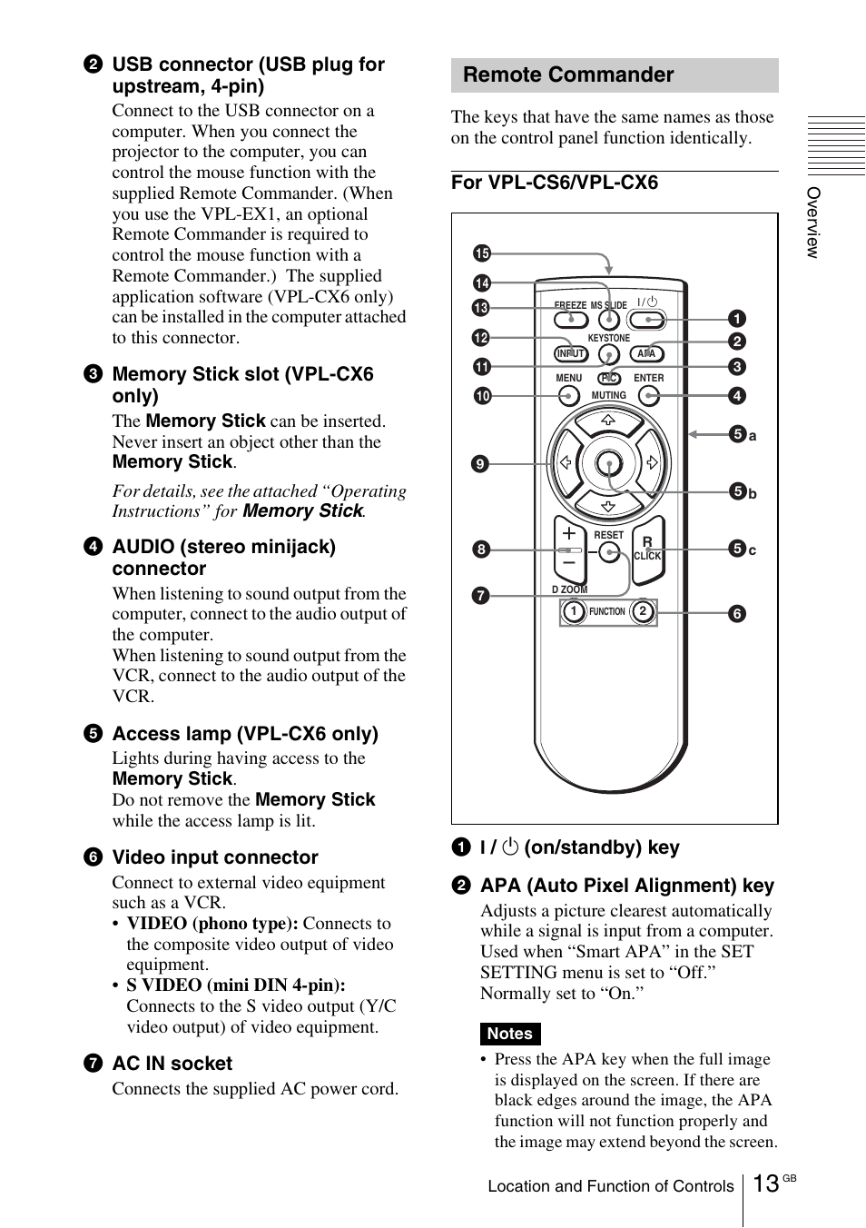 Remote commander | Sony VPL-EX1 User Manual | Page 13 / 164