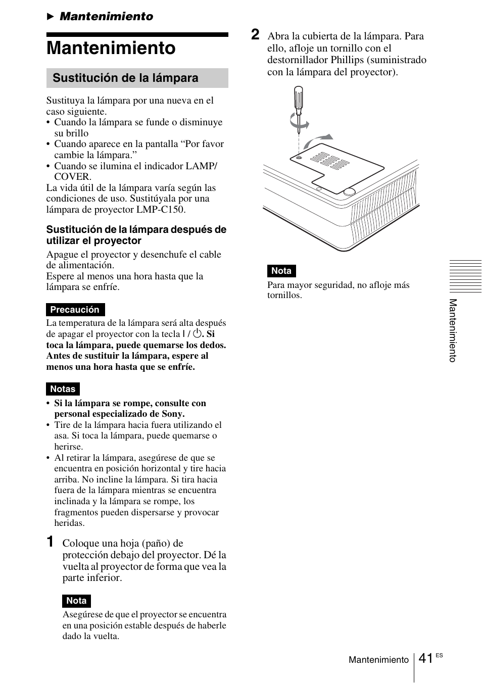 Mantenimiento, Sustitución de la lámpara | Sony VPL-EX1 User Manual | Page 149 / 164