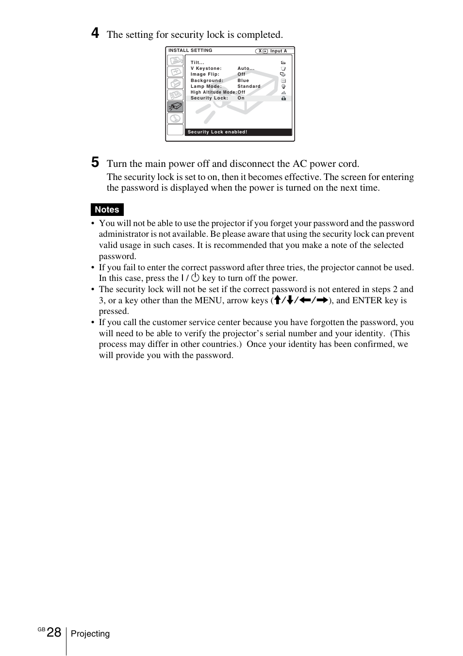 The setting for security lock is completed | Sony VPL-EX1 User Manual | Page 28 / 164