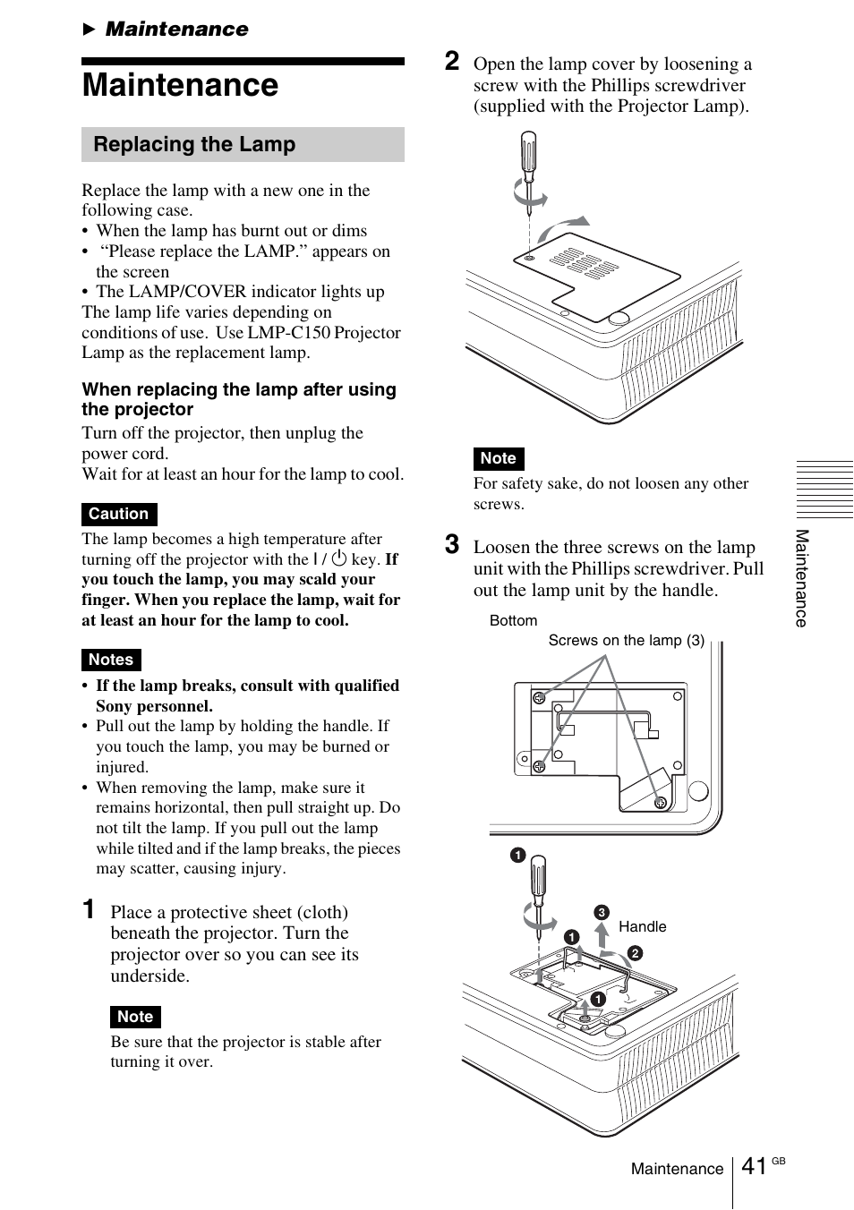 Maintenance, Replacing the lamp | Sony VPL-EX1 User Manual | Page 41 / 164
