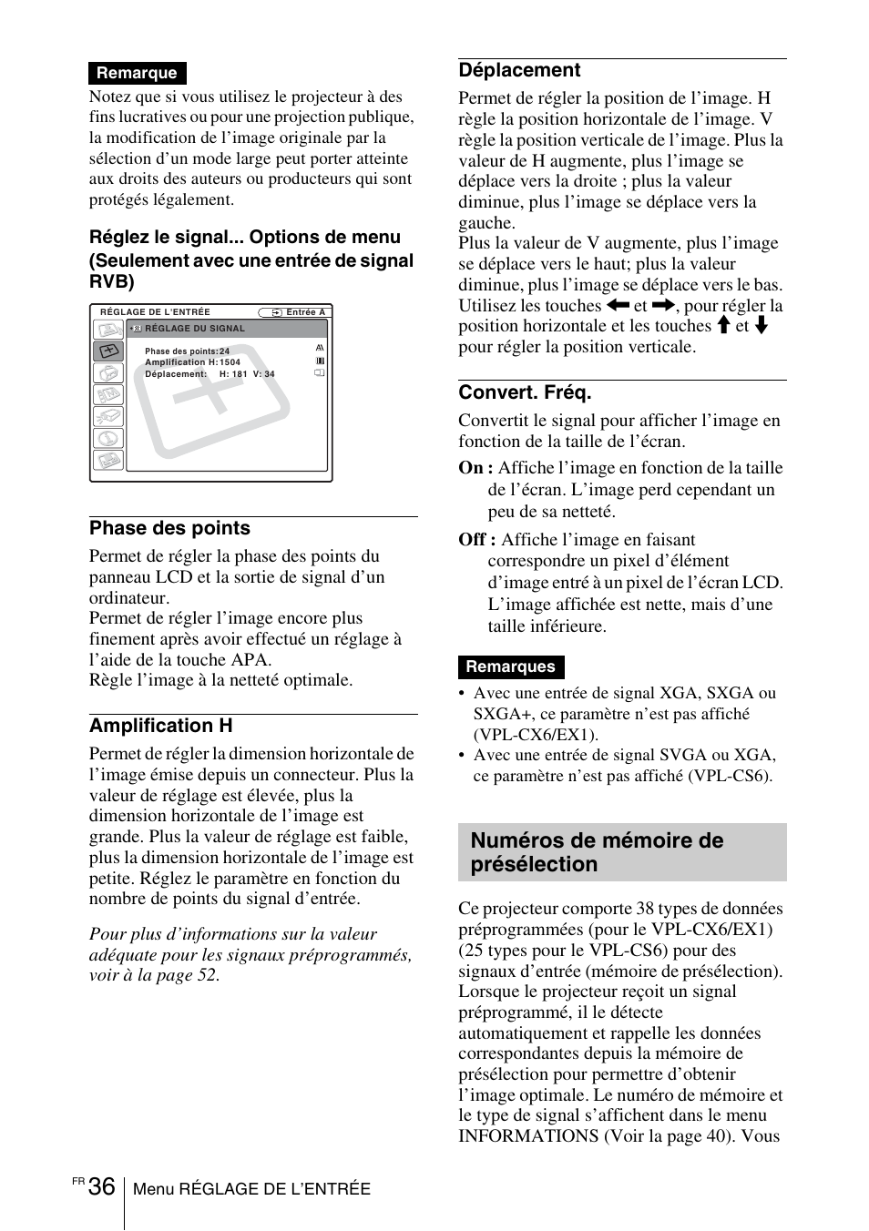 Numéros de mémoire de présélection | Sony VPL-EX1 User Manual | Page 90 / 164