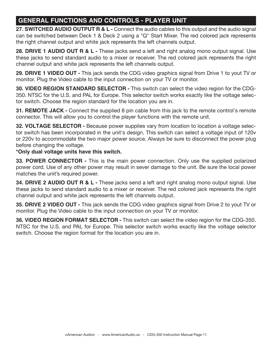 General functions and controls - player unit | American Audio CDG-350 User Manual | Page 11 / 24