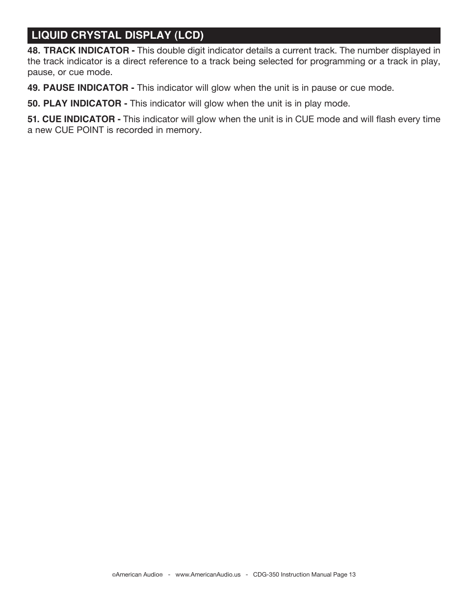 Liquid crystal display (lcd) | American Audio CDG-350 User Manual | Page 13 / 24