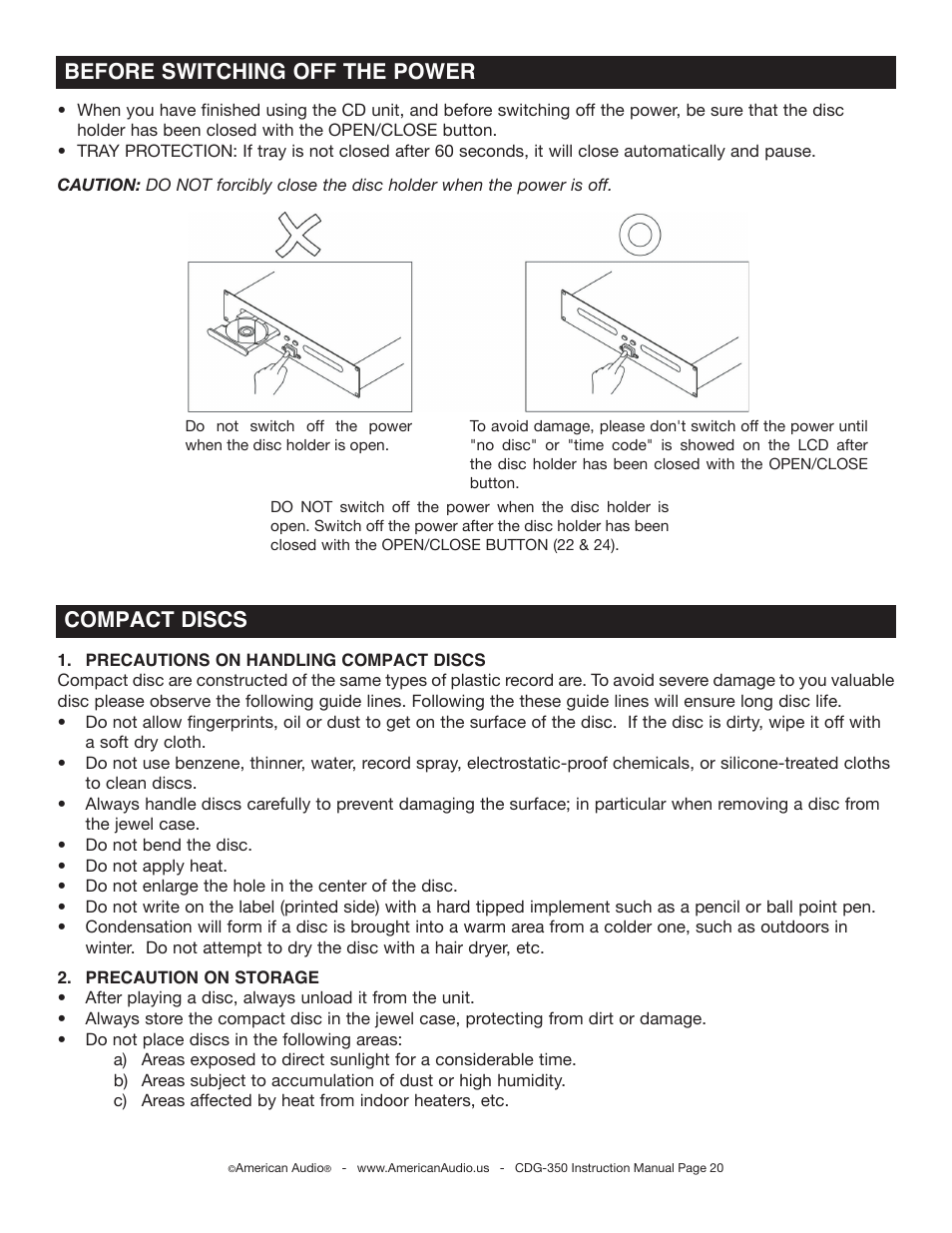 Compact discs, Before switching off the power | American Audio CDG-350 User Manual | Page 20 / 24