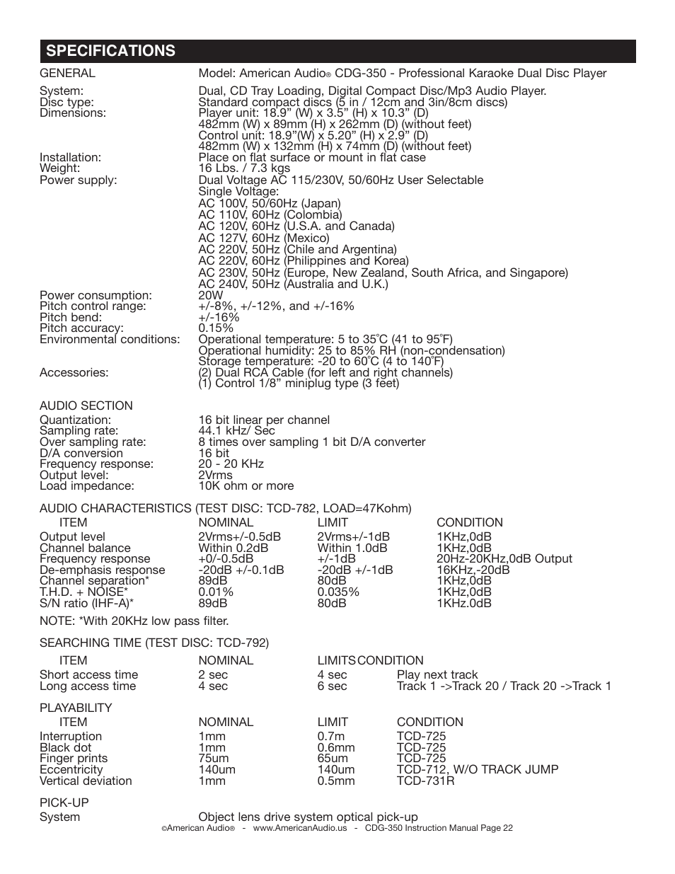 Specifications | American Audio CDG-350 User Manual | Page 22 / 24