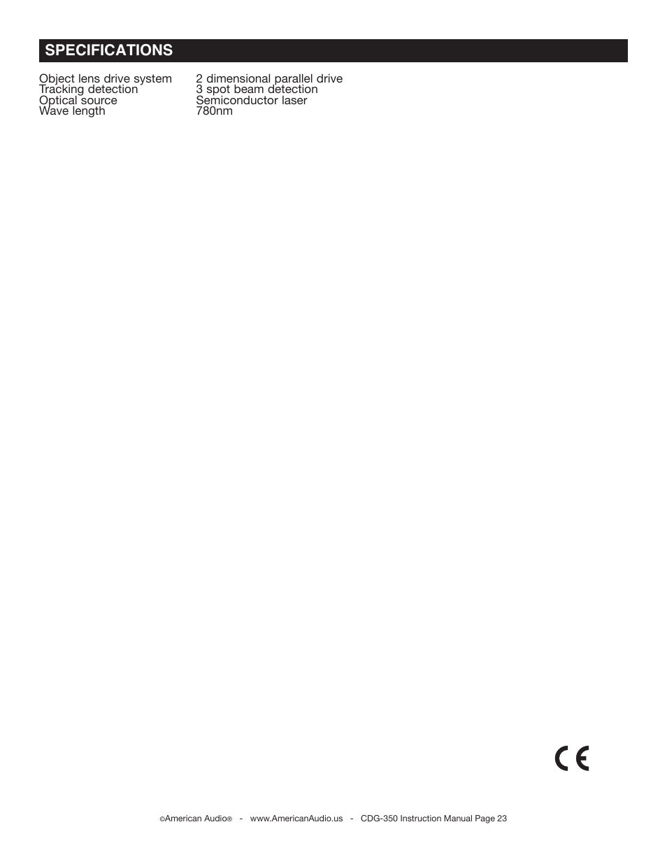 Specifications | American Audio CDG-350 User Manual | Page 23 / 24
