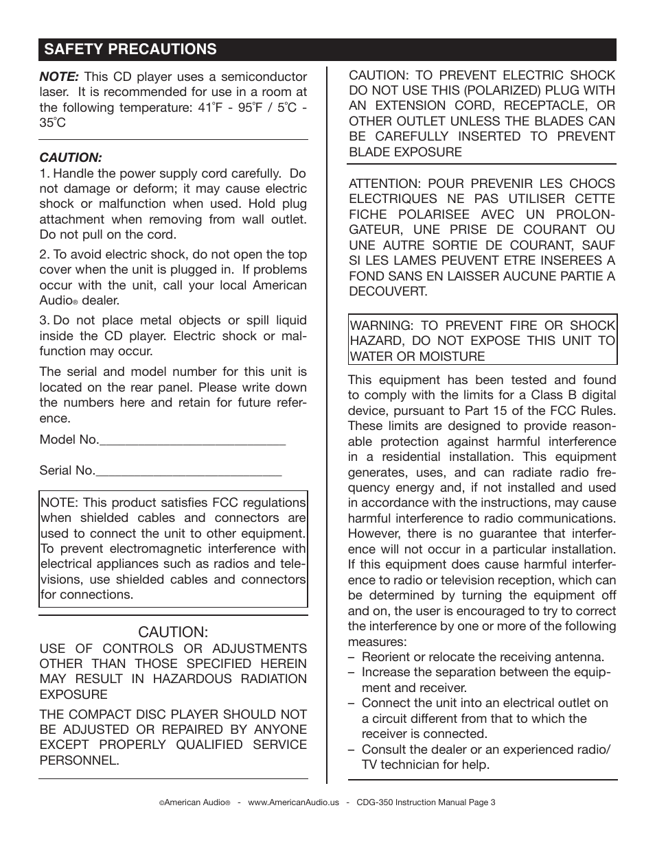 Caution, Safety precautions | American Audio CDG-350 User Manual | Page 3 / 24