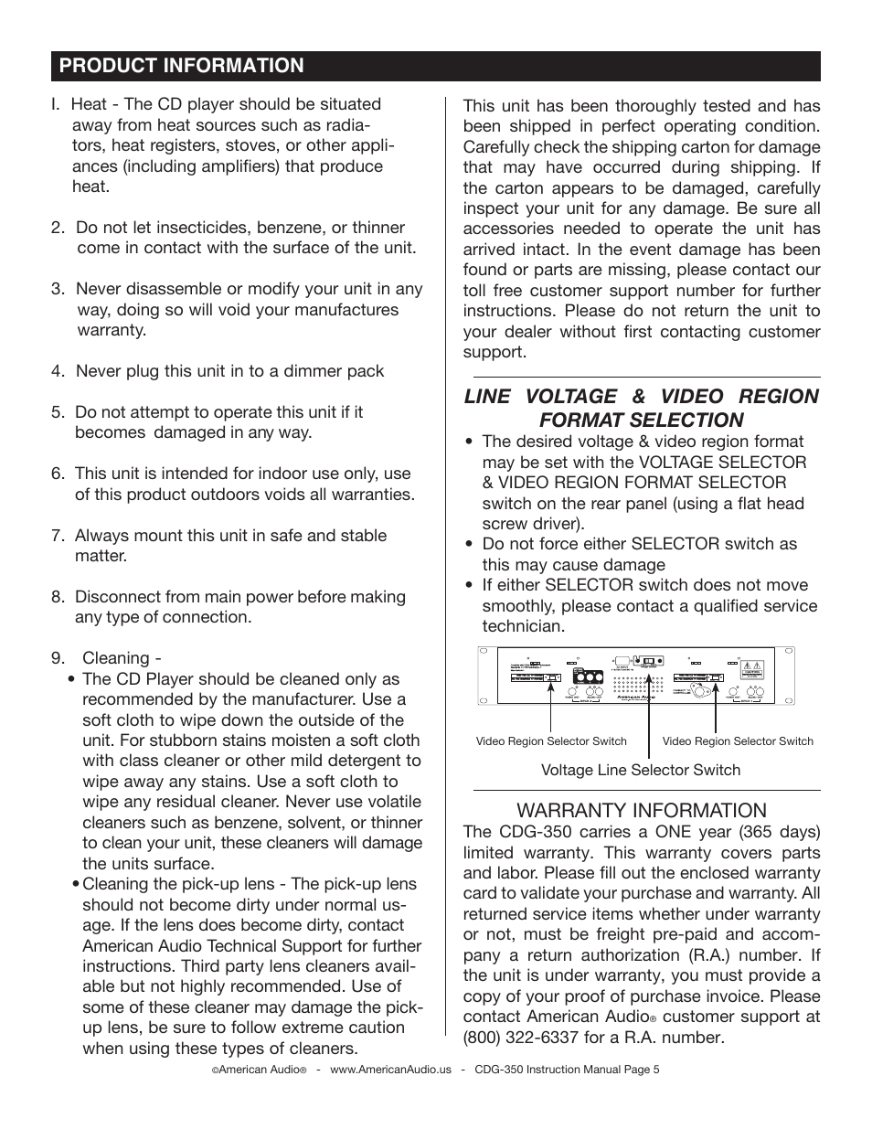 Product information, Line voltage & video region format selection, Warranty information | American Audio CDG-350 User Manual | Page 5 / 24