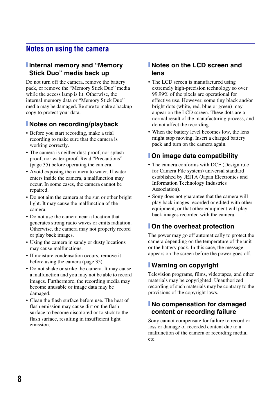 Notes on using the camera | Sony DSC-W230 User Manual | Page 8 / 80