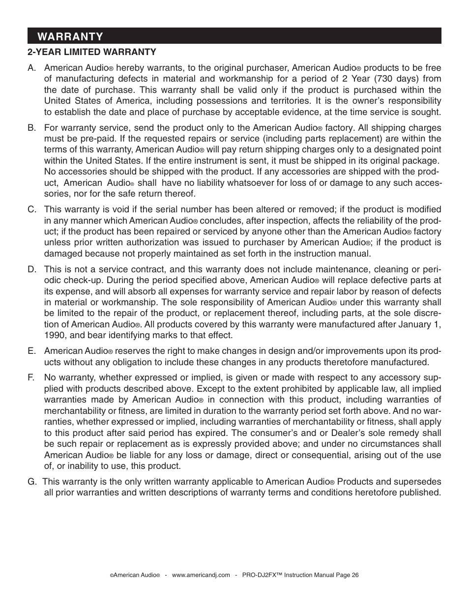 Warranty | American Audio PRO-DJ2FX User Manual | Page 26 / 28