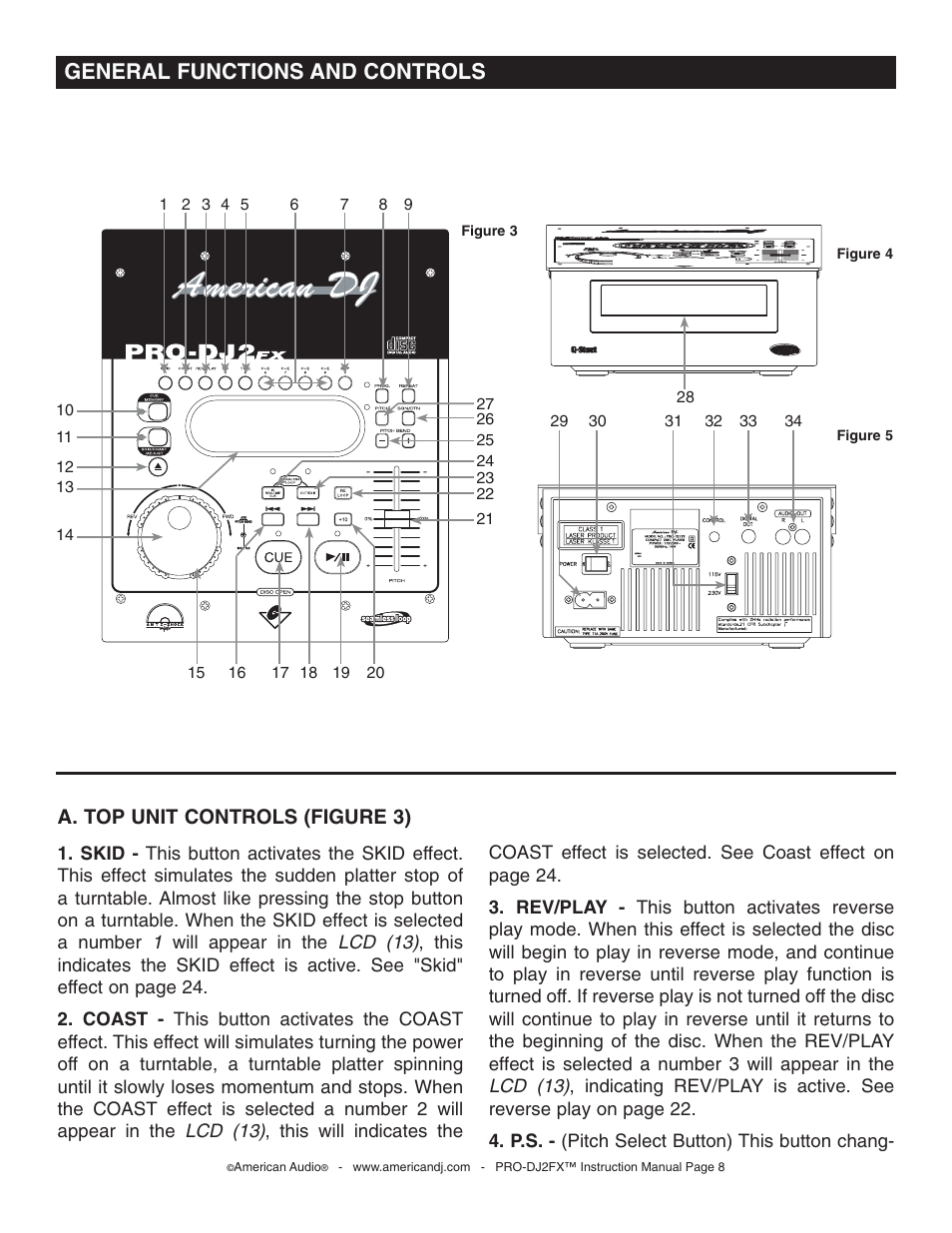 General functions and controls, A. top unit controls (figure 3) | American Audio PRO-DJ2FX User Manual | Page 8 / 28