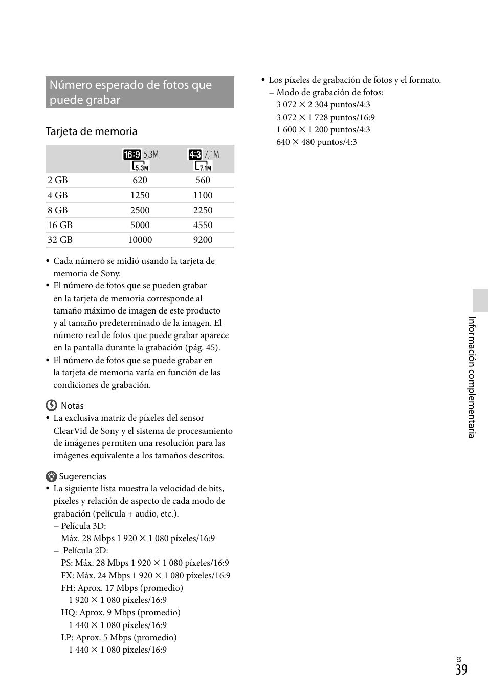 Número esperado de fotos que puede grabar, Número esperado de fotos que, Puede grabar | Sony DEV-3 User Manual | Page 259 / 271