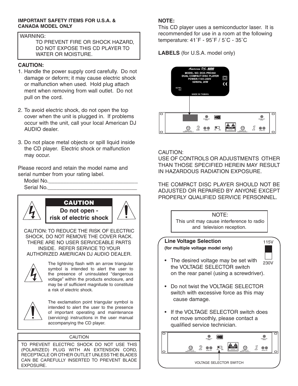 Caution do not open - risk of electric shock | American Audio DCD PRO 250 User Manual | Page 3 / 18