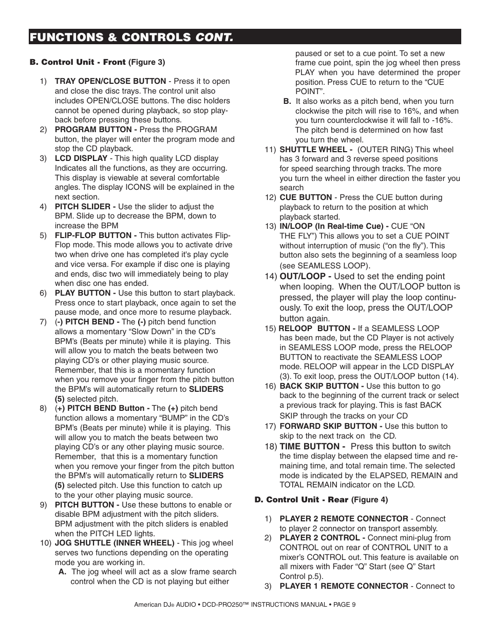 Functions & controls cont | American Audio DCD PRO 250 User Manual | Page 9 / 18