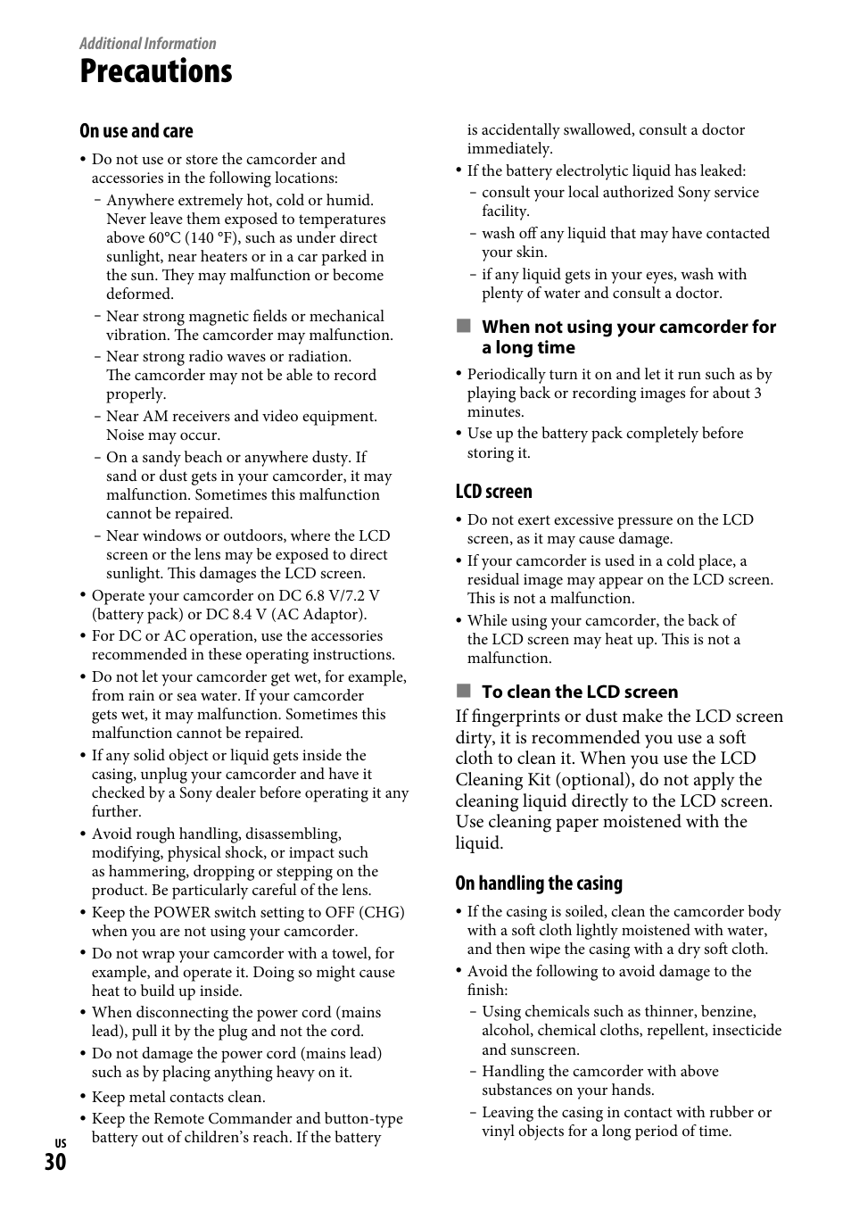 Additional information, Precautions, On use and care | Lcd screen, On handling the casing, When not using your camcorder for a long time | Sony DCR-SR220D User Manual | Page 30 / 64