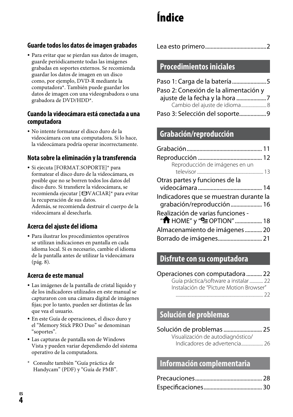 Índice, Procedimientos iniciales, Grabación/reproducción | Disfrute con su computadora, Solución de problemas, Información complementaria | Sony DCR-SR220D User Manual | Page 36 / 64
