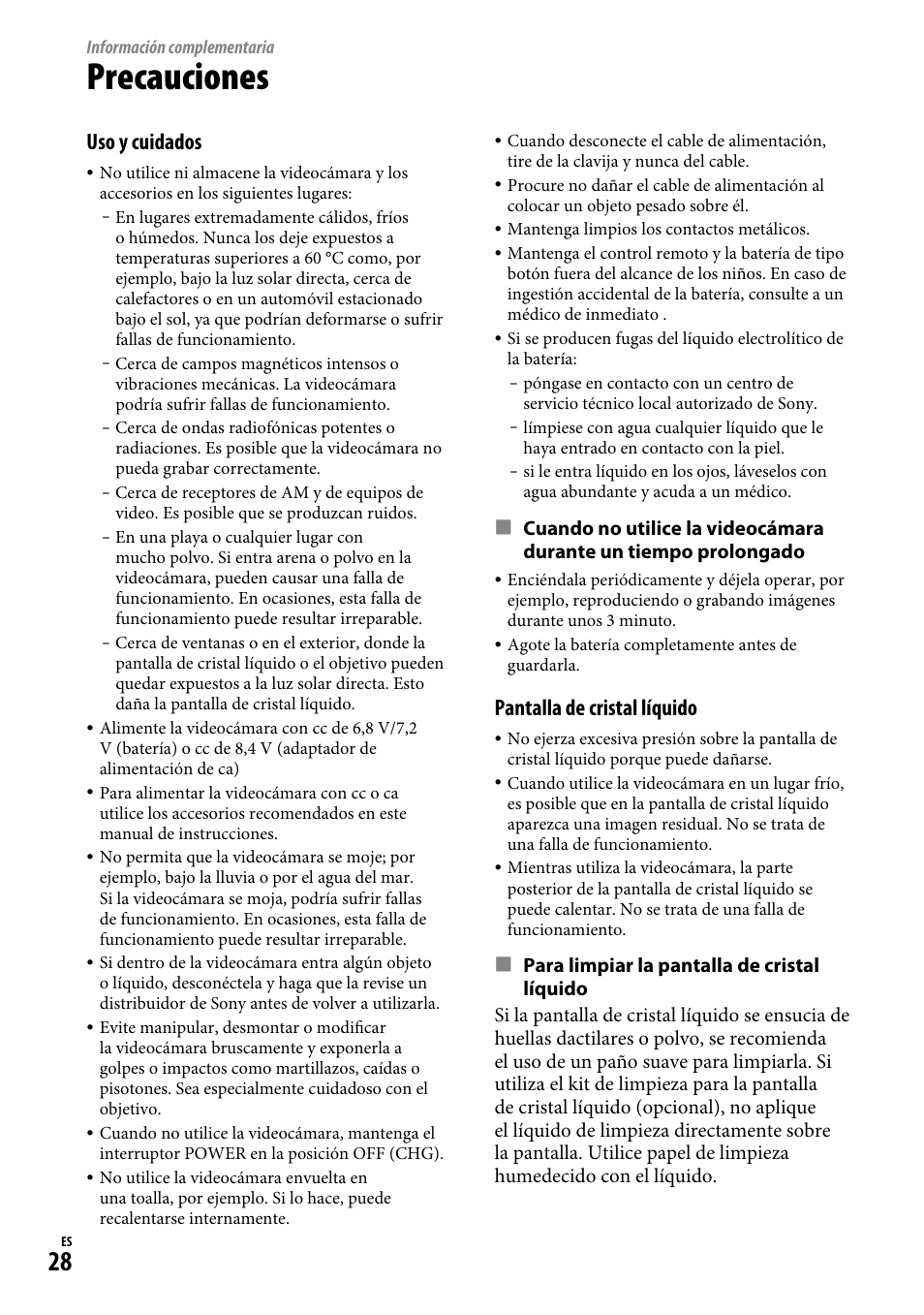Información complementaria, Precauciones, Uso y cuidados | Pantalla de cristal líquido | Sony DCR-SR220D User Manual | Page 60 / 64