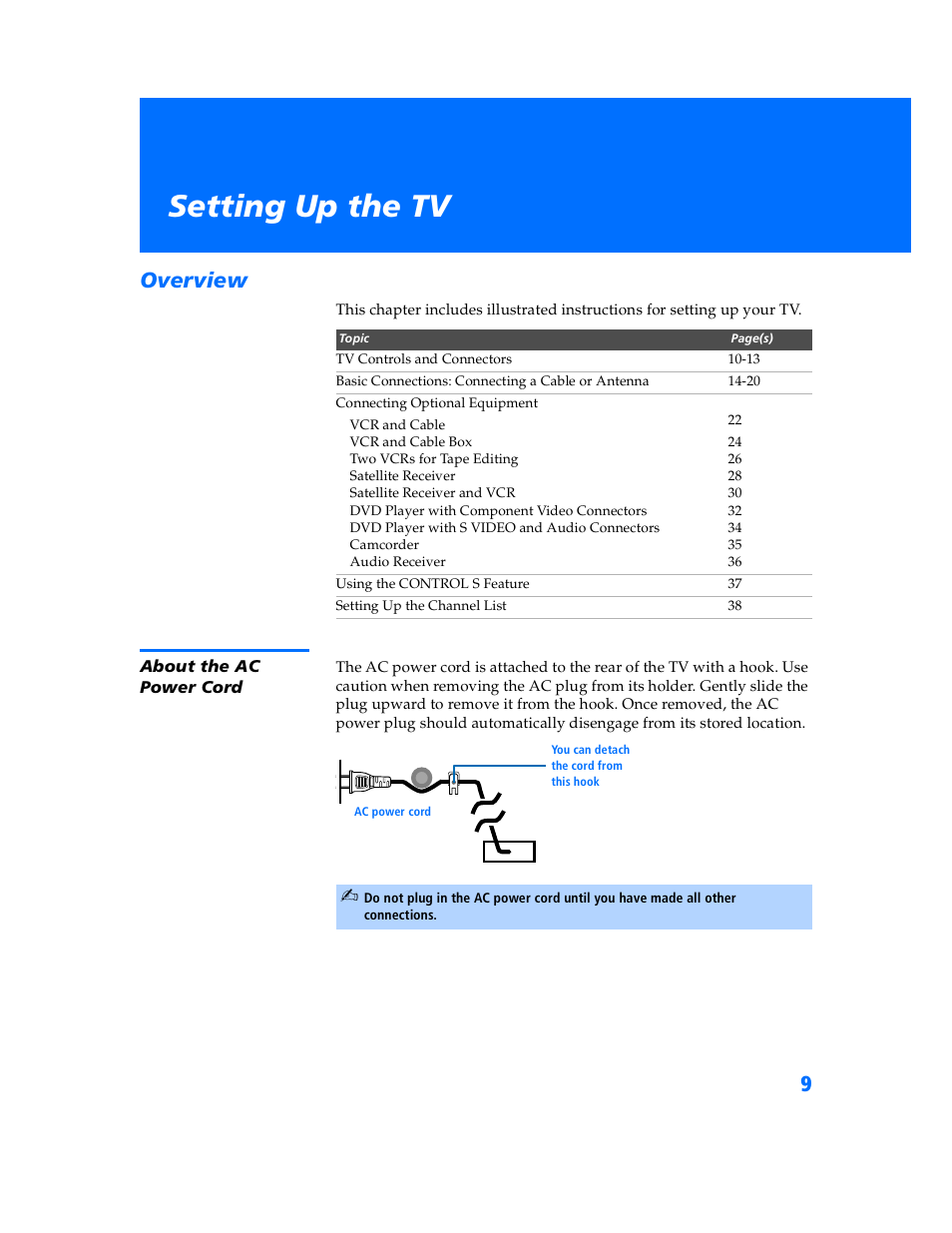 Setting up the tv, Overview, About the ac power cord | Sony KV-32HS500 User Manual | Page 10 / 87