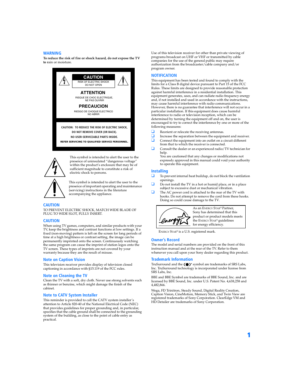 Attention caution precaucion | Sony KV-32HS500 User Manual | Page 2 / 87
