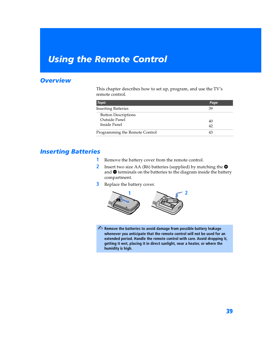 Using the remote control, Overview, Inserting batteries | Overview inserting batteries | Sony KV-32HS500 User Manual | Page 40 / 87