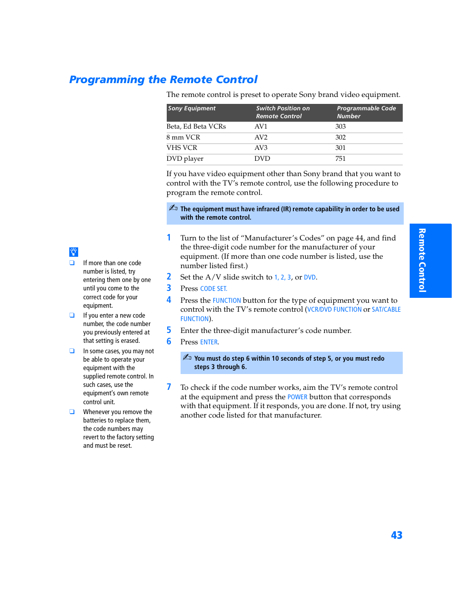 Programming the remote control | Sony KV-32HS500 User Manual | Page 44 / 87