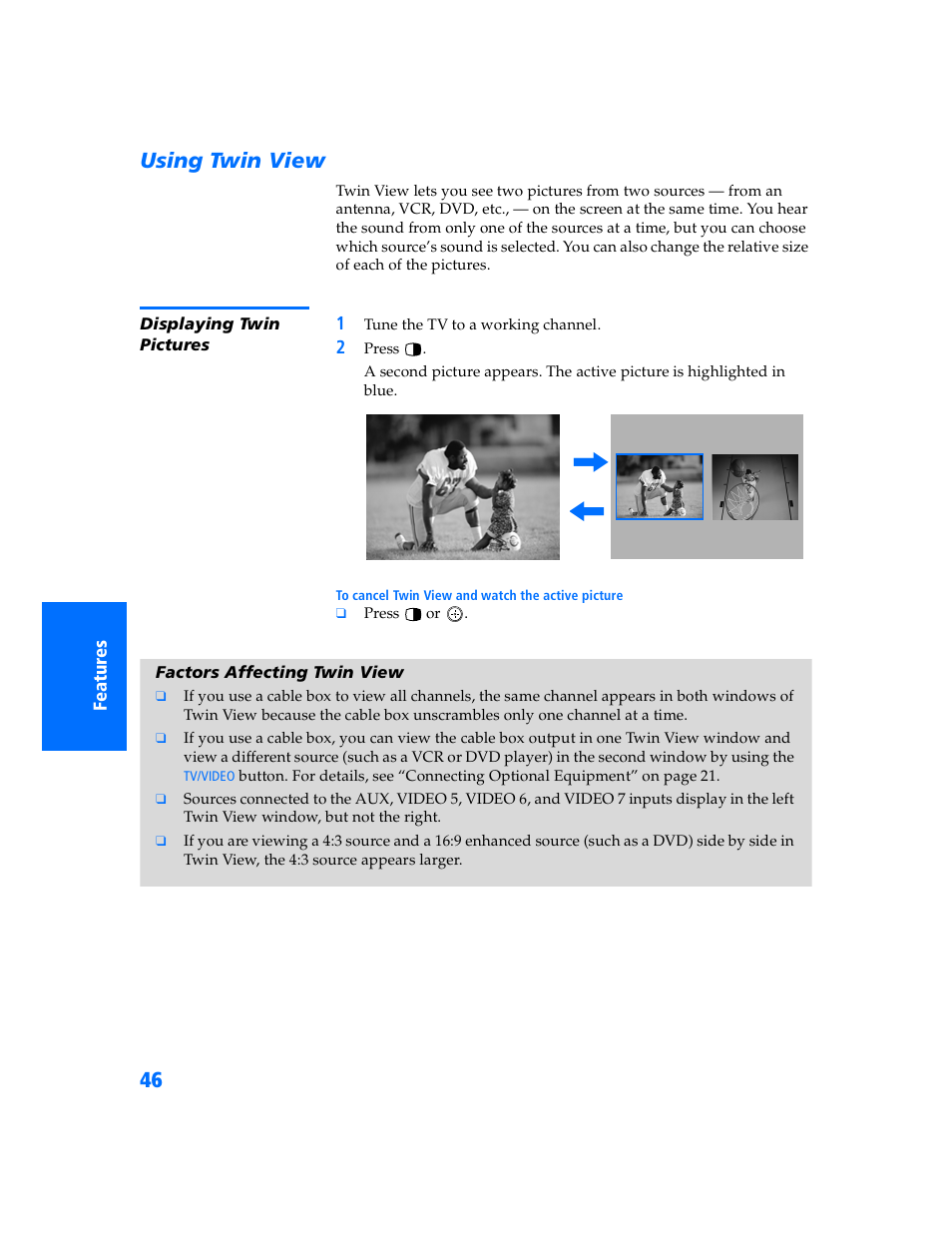 Using twin view, Displaying twin pictures, Factors affecting twin view | Sony KV-32HS500 User Manual | Page 47 / 87