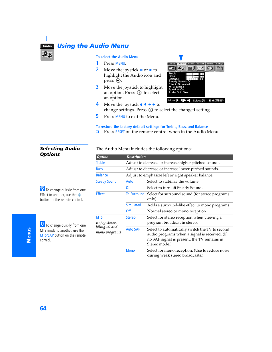Using the audio menu, Selecting audio options | Sony KV-32HS500 User Manual | Page 65 / 87