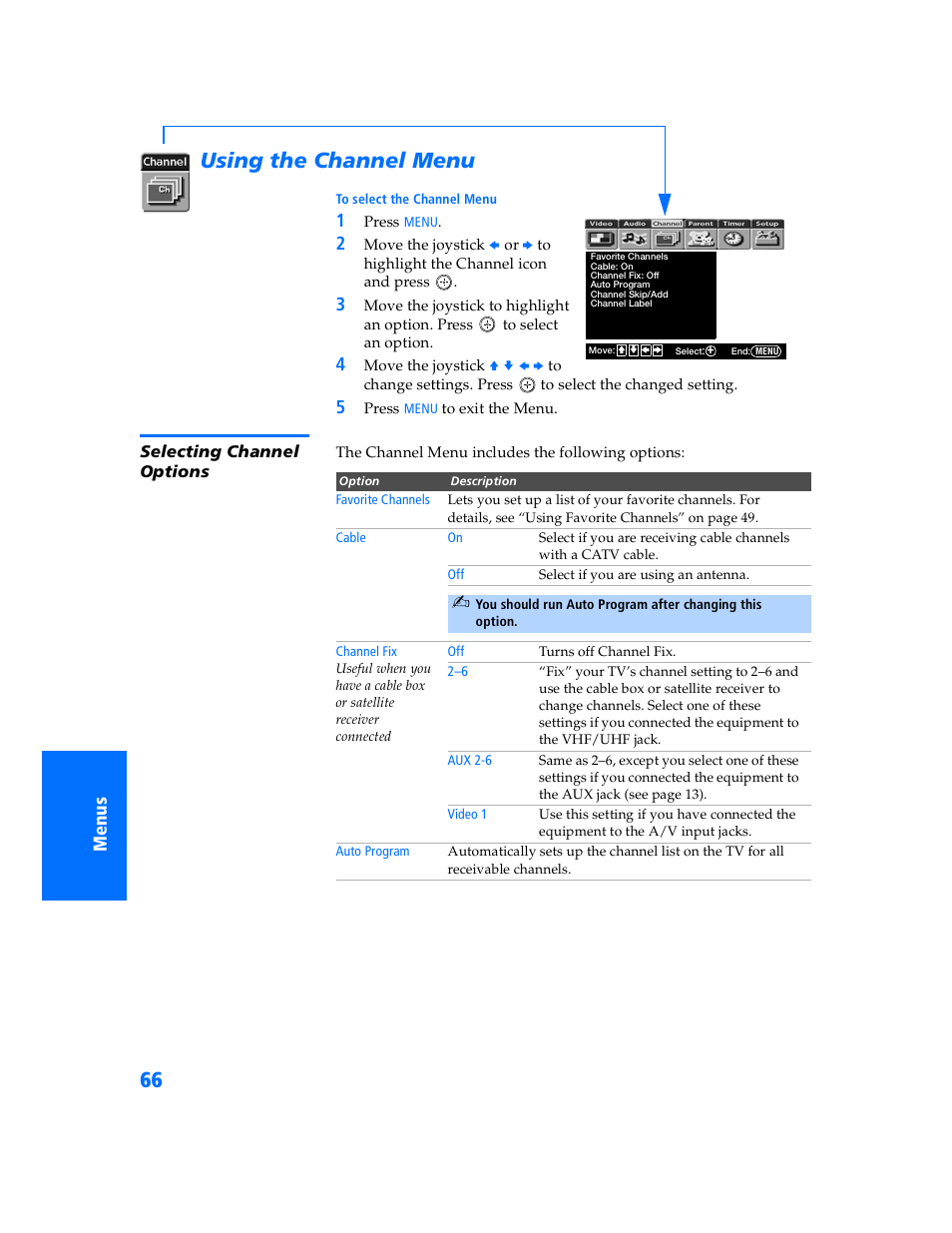Using the channel menu, Selecting channel options | Sony KV-32HS500 User Manual | Page 67 / 87