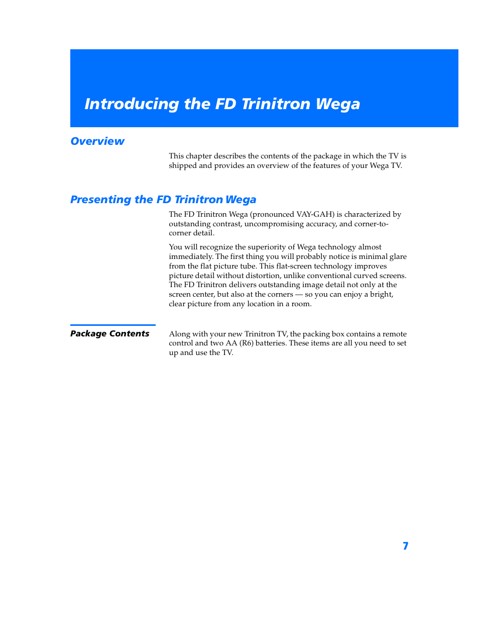 Introducing the fd trinitron wega, Overview, Presenting the fd trinitron wega | Package contents, Overview presenting the fd trinitron wega | Sony KV-32HS500 User Manual | Page 8 / 87