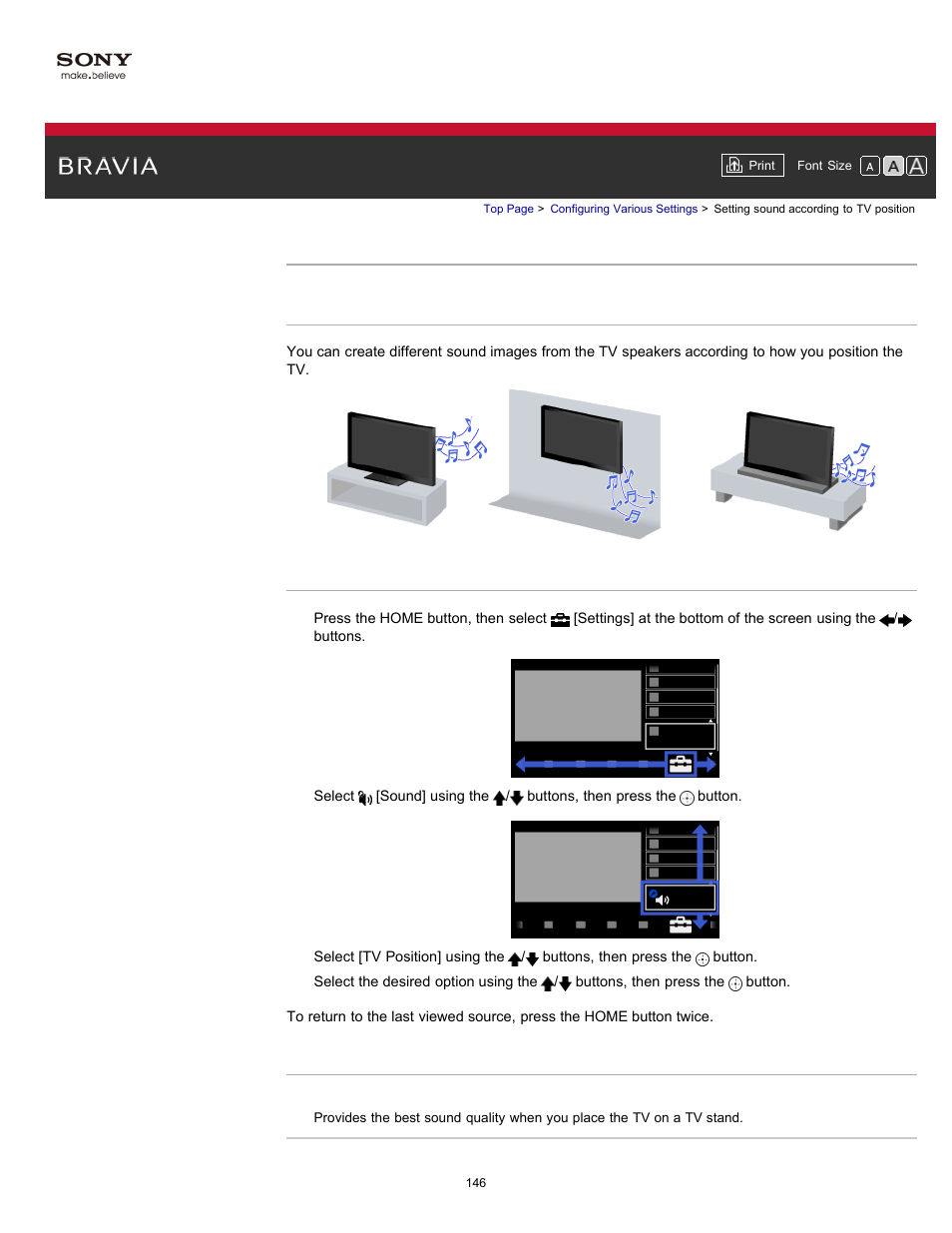 Setting sound according to tv position | Sony KDL-55HX750 User Manual | Page 146 / 192