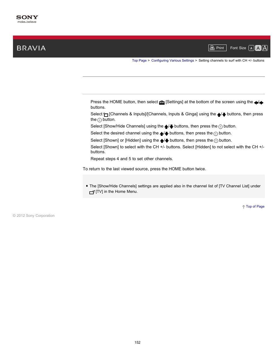 Setting channels to surf with ch +/- buttons | Sony KDL-55HX750 User Manual | Page 152 / 192