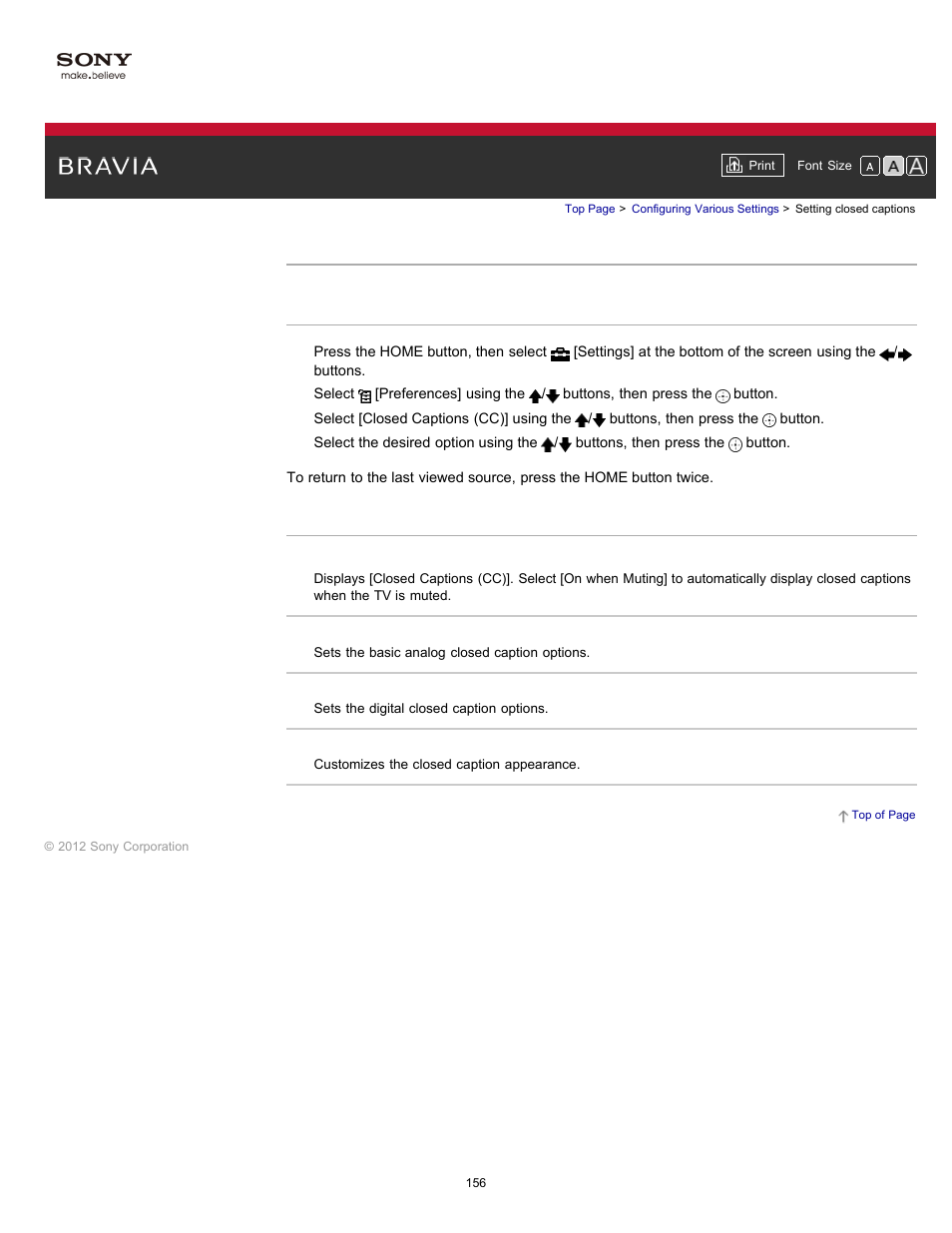 Setting closed captions | Sony KDL-55HX750 User Manual | Page 156 / 192