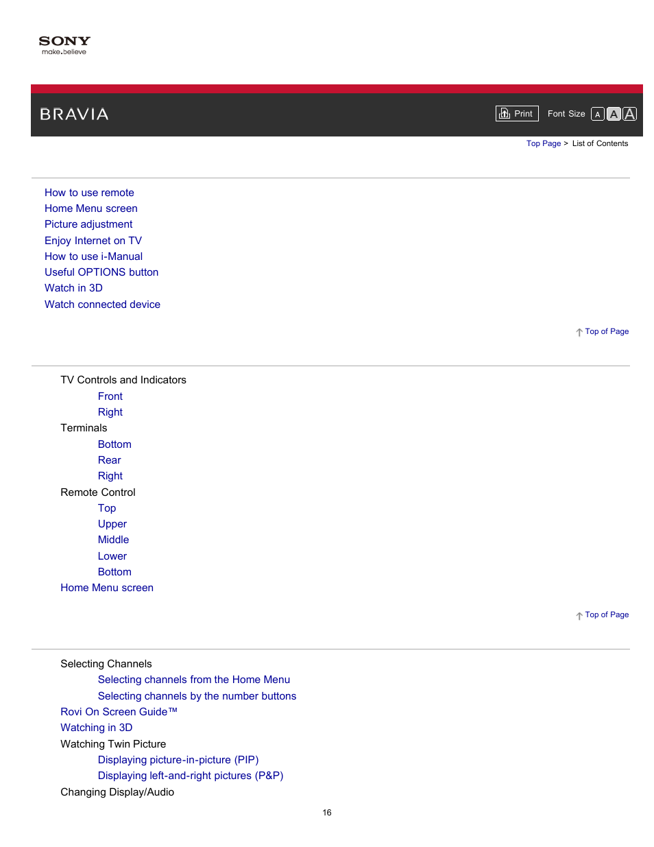 List of contents | Sony KDL-55HX750 User Manual | Page 16 / 192